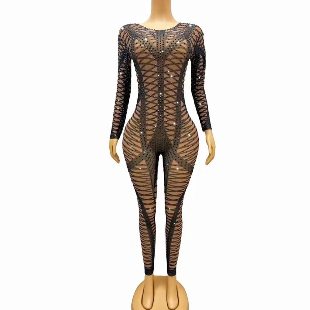 Sexy Stage Black Rhinestones Mesh Transparent Leggings New Design Evening Birthday Celebrate Bodysuit Performance Jumpsuit