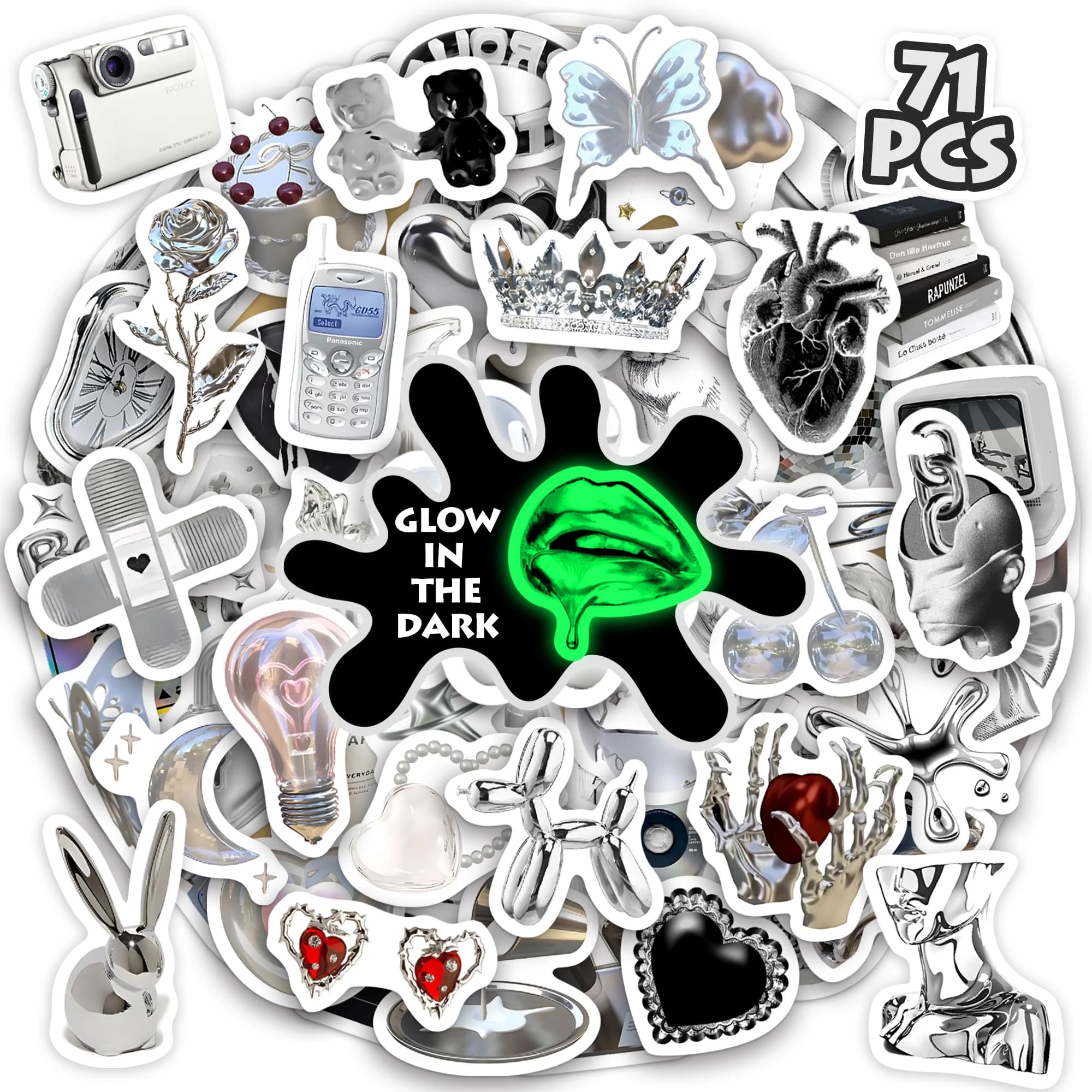 71 bright chromed and metallic stickers - Design retro Y2K for phones, cameras and hearts, for laptops, bores and diaries