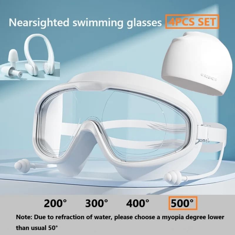 Set of 4 pieces of swim glasses for myopia for adults, fashionable HD anti-fog equipment with big frame, including swimming glasses for myopia