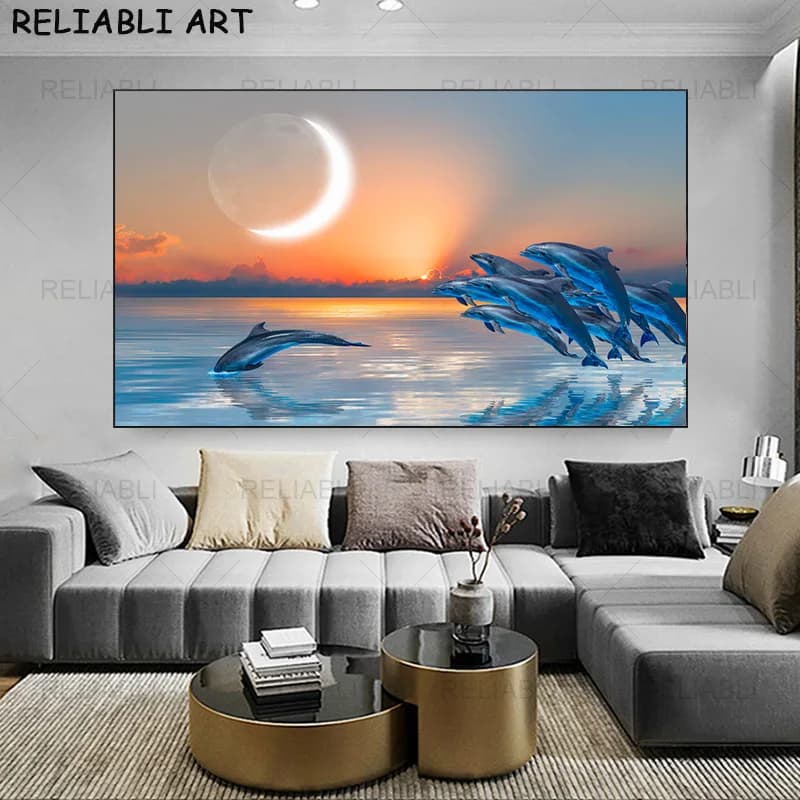 Natural Dolphin Animal Sea Canvas Painting Modern Posters & Prints Wall Art Pictures for Living Room Decorations for Home Without Frame