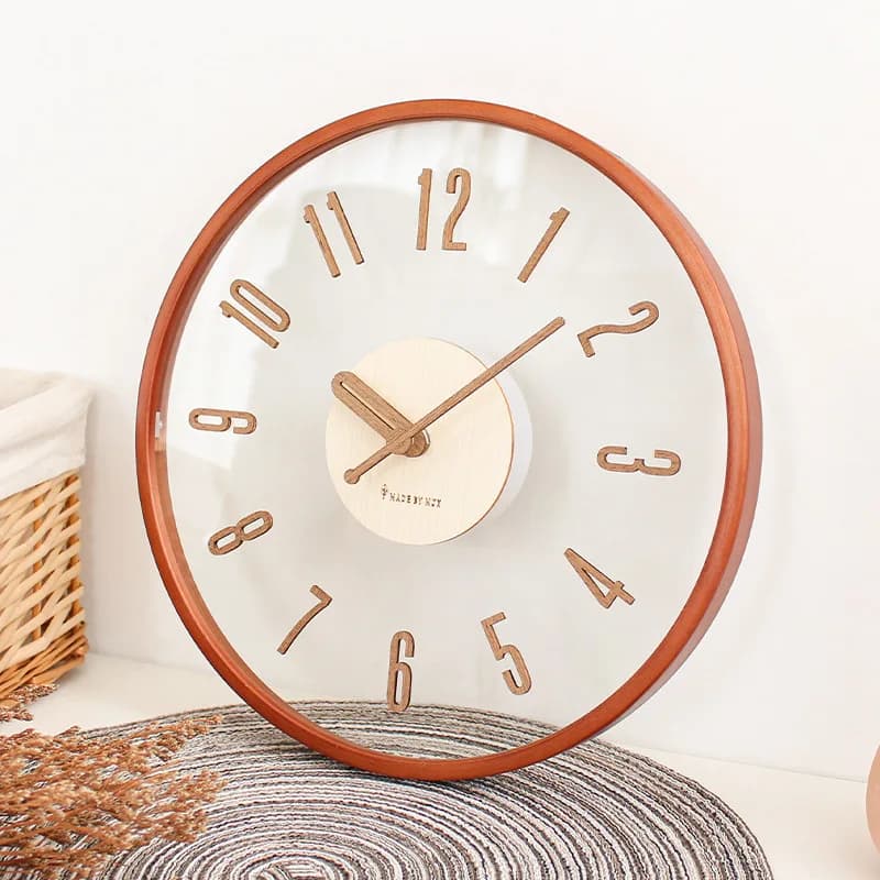 Creativity Modern Minimalist Wall Clock Living Room Transparent Glass Solid Wood Wall Clock Home Decoration Japanese Style Clock