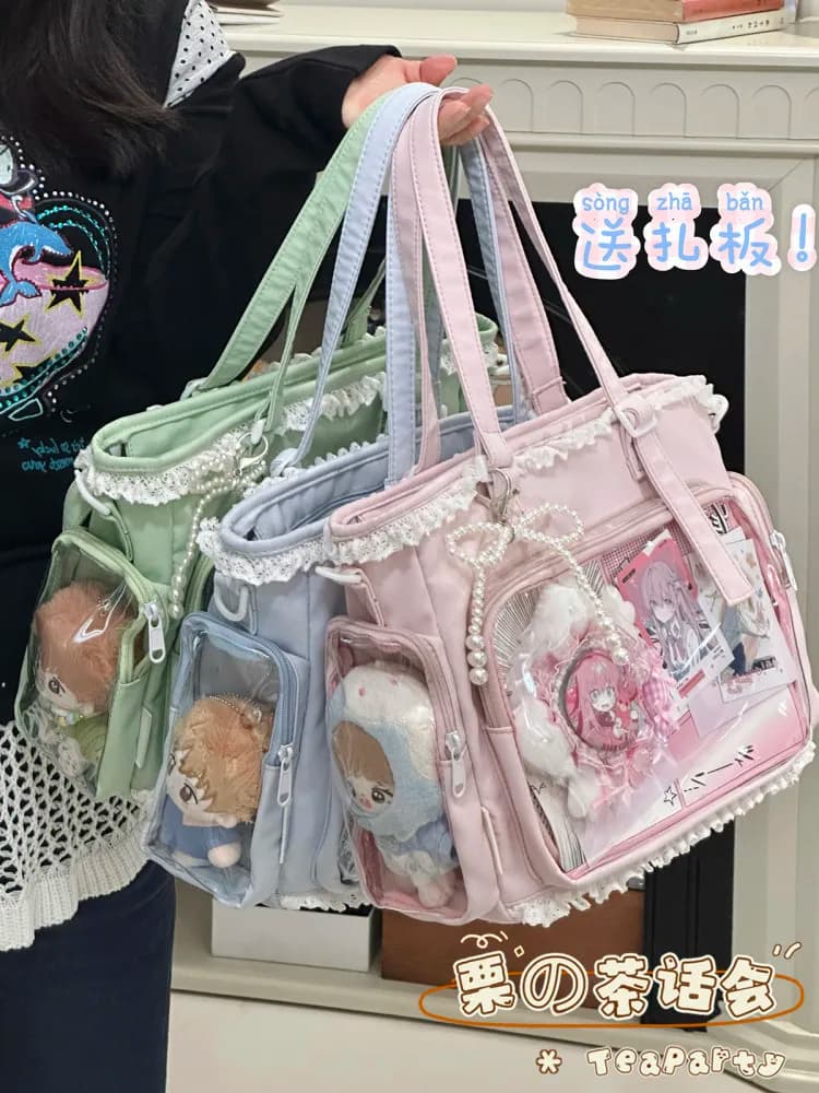 Borsa a tracolla trasparente in stile giapponese per esposizione badge, borsa a tracolla quotidiana per bambole, borsa tote da donna per studentesse, borsa a tracolla per pendolari