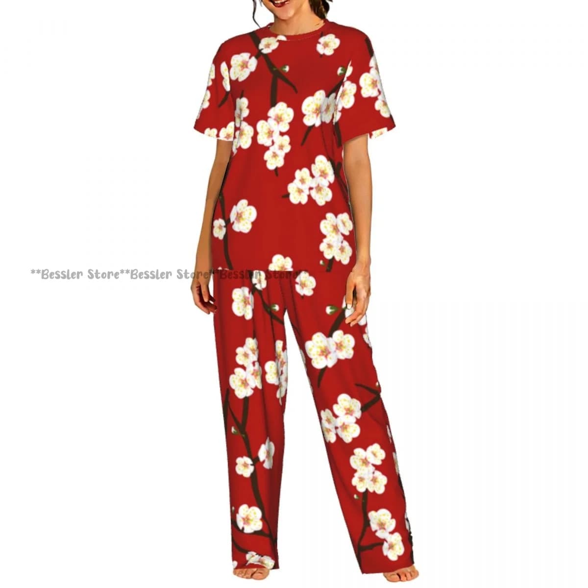 Women's casual pajamas set with short sleeve pants and cherry blossom pattern