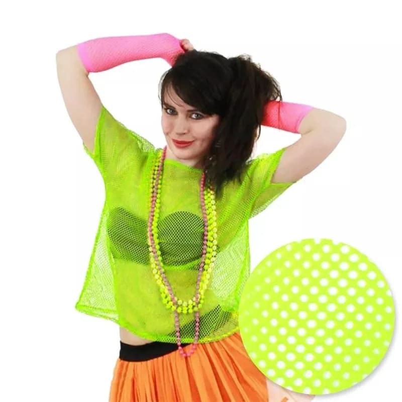 T-shirt a rete da donna anni '80 per feste e balli, con motivo a occhi di pesce