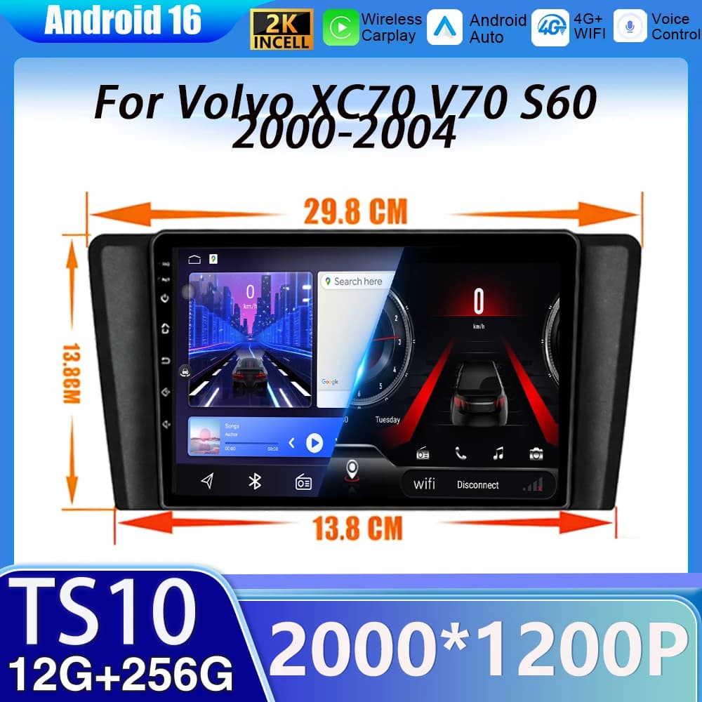 CarPlay Android wireless per Volvo XC70 V70 S60 2000-2004 Autoradio Lettore multimediale video Navigazione GPS Display touch Wi-Fi 5G