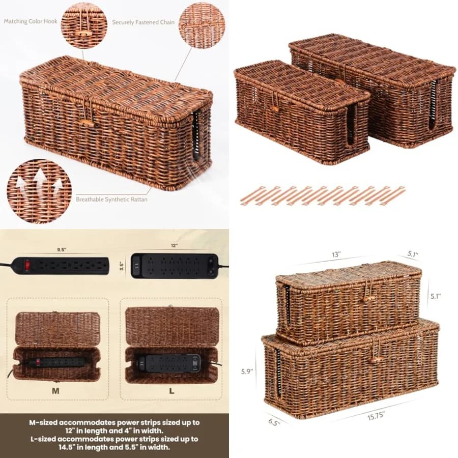 Scatola portaoggetti in filo di rattan, organizer per cavi fatto a mano per nascondere i cavi da scrivania, copricavi di sicurezza per bambini per multipresa, TV, PC, router, caricabatterie