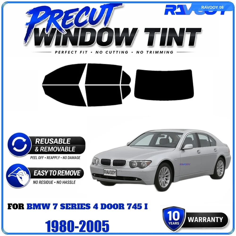 RAVOOY Precut Window Tint, Reusable Removable EPU Film, Custom Fit for Bmw 7 Series 4 Door 745 I 1980-2005, UV Heat Protection