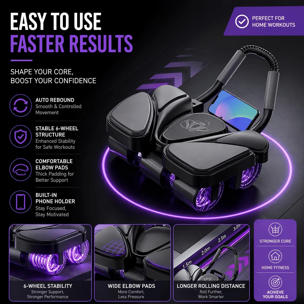 6-Wheel Ab Roller with Elbow Support Auto Rebound Phone Holder Knee Pad Core Workout for Unisex Home Fitness Training Equipment
