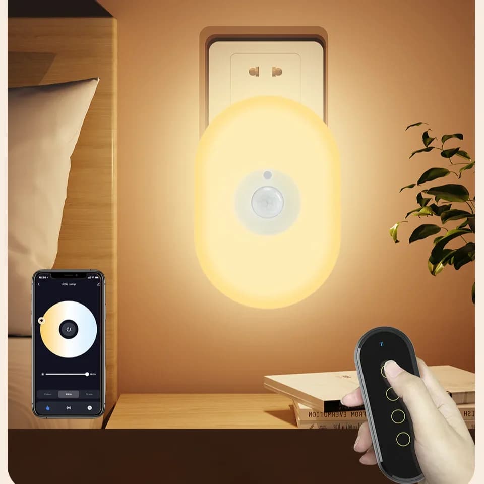LED Night Light Intelligent WiFi Tuya with PIR Motion Sensor, Wall Lamp with EU/US/UK Plug, RGB Hot White Light, App Control and Vocal for Alexa and Google Home