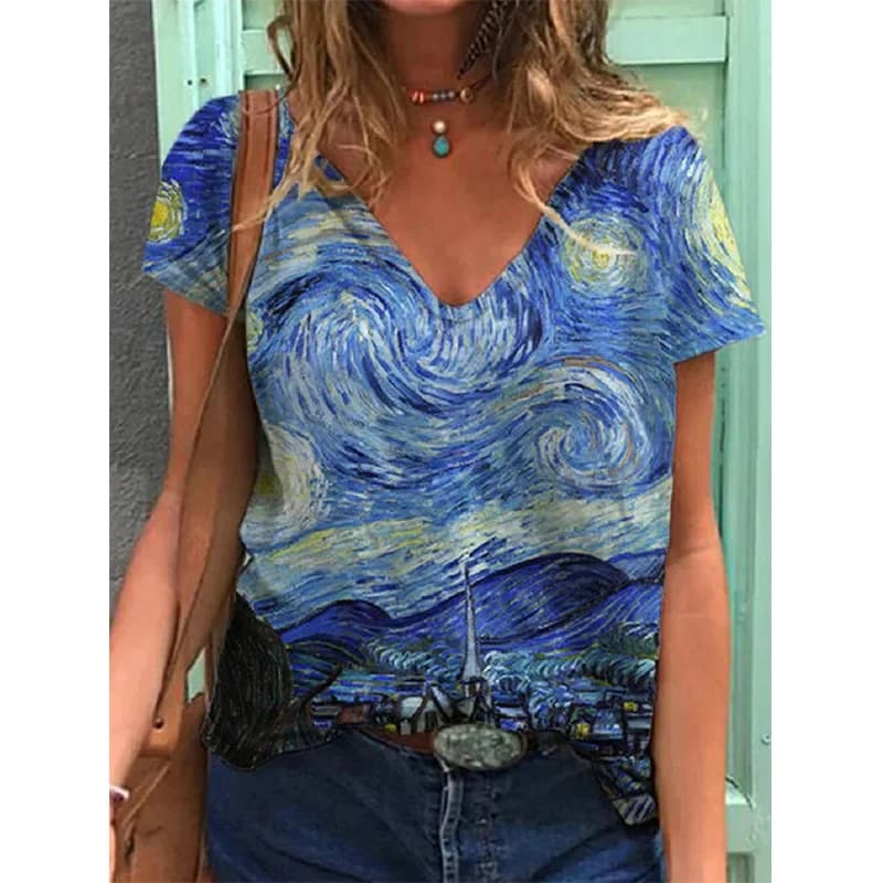 Estate Van Gogh Pittura a olio 3D Stampa T-shirt Donna Streetwear T-shirt Top Donna Harajuku Con scollo a V Tees Abbigliamento oversize