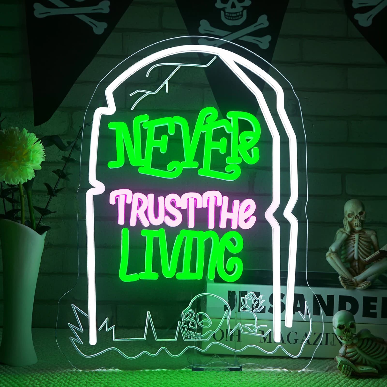 Halloween Never Trust the Living Insegne al neon per la decorazione della parete Interruttore dimmerabile per uomo Grotta Birra Bar Club Sala giochi Festa di Halloween