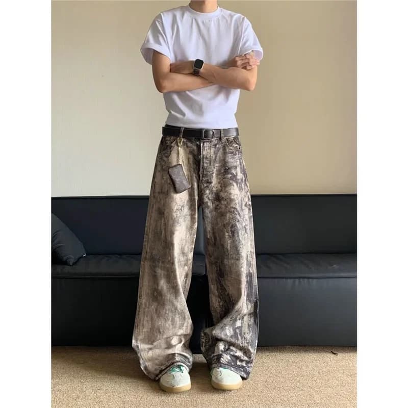 Low Waist Wide Leg Digital Camouflage Splatter Print Men's Jeans Loose Fit Non-Stretch Long Trousers Casual Straight Leg Jeans
