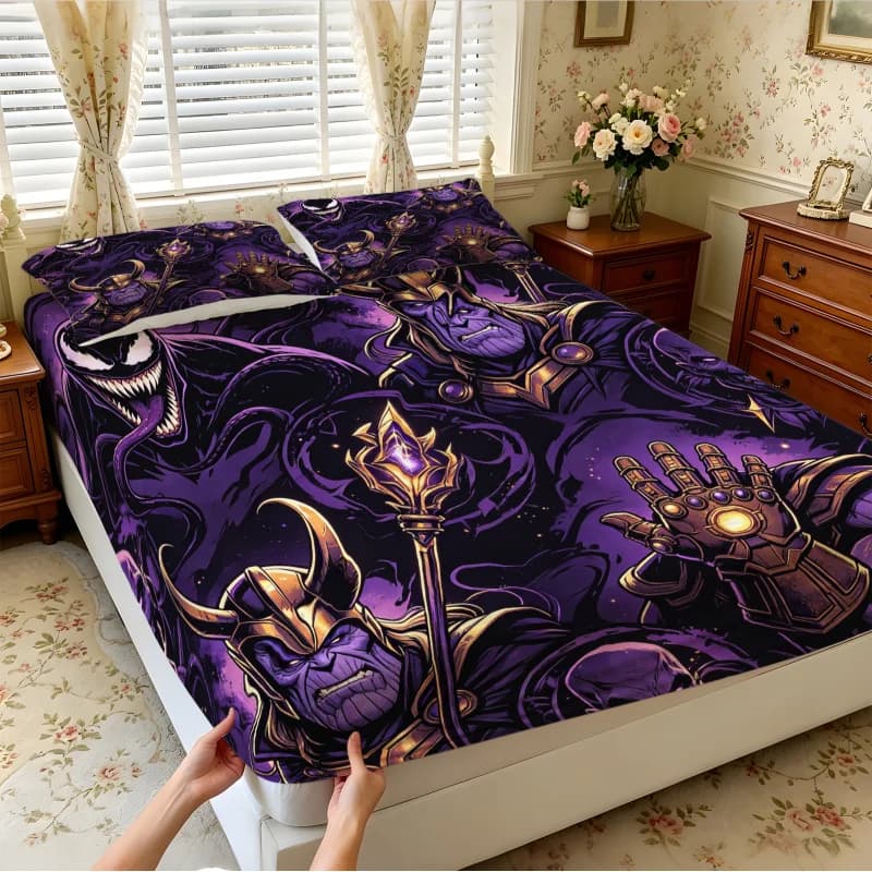 Set di lenzuola elasticizzate e confortevoli, set di biancheria da letto senza imbottiture, stampa StarrySky Villain per l'arredamento moderno della camera da letto dei ragazzi