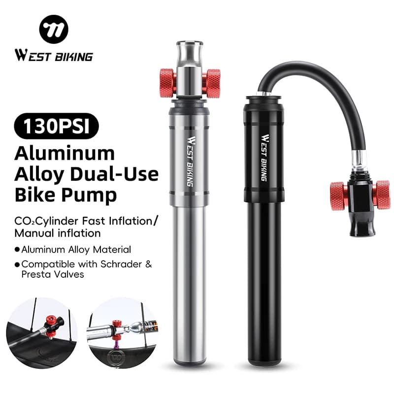 Pompa per Bicicletta WEST BIKING 130PSI a Doppio Uso, Guscio in Lega di Alluminio, Tubo Flessibile Nascosto, Gonfiatore per Biciclette con Valvola Schrader/Presta