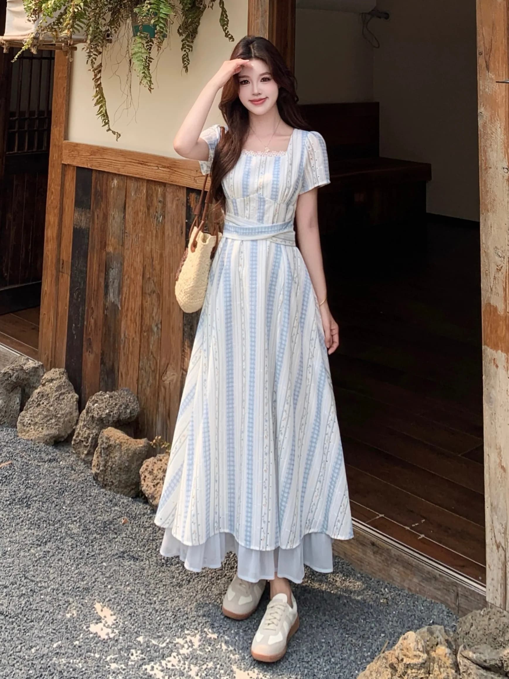 plus Size Summer New Style Square Collar Slimming A-Line Dress Embroidered Midi Skirt Women's Fashionable Breathable Dress