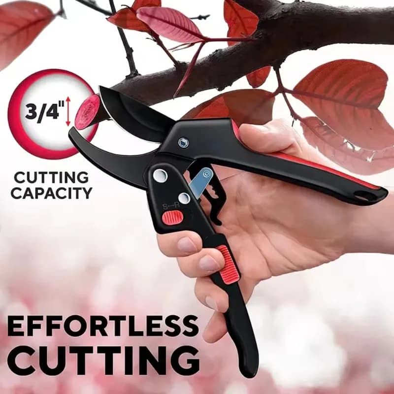 High intensity gardening ratchet pruning scissors increase cutting power by 3x, and the ratchet trimmer is very suitable for wea