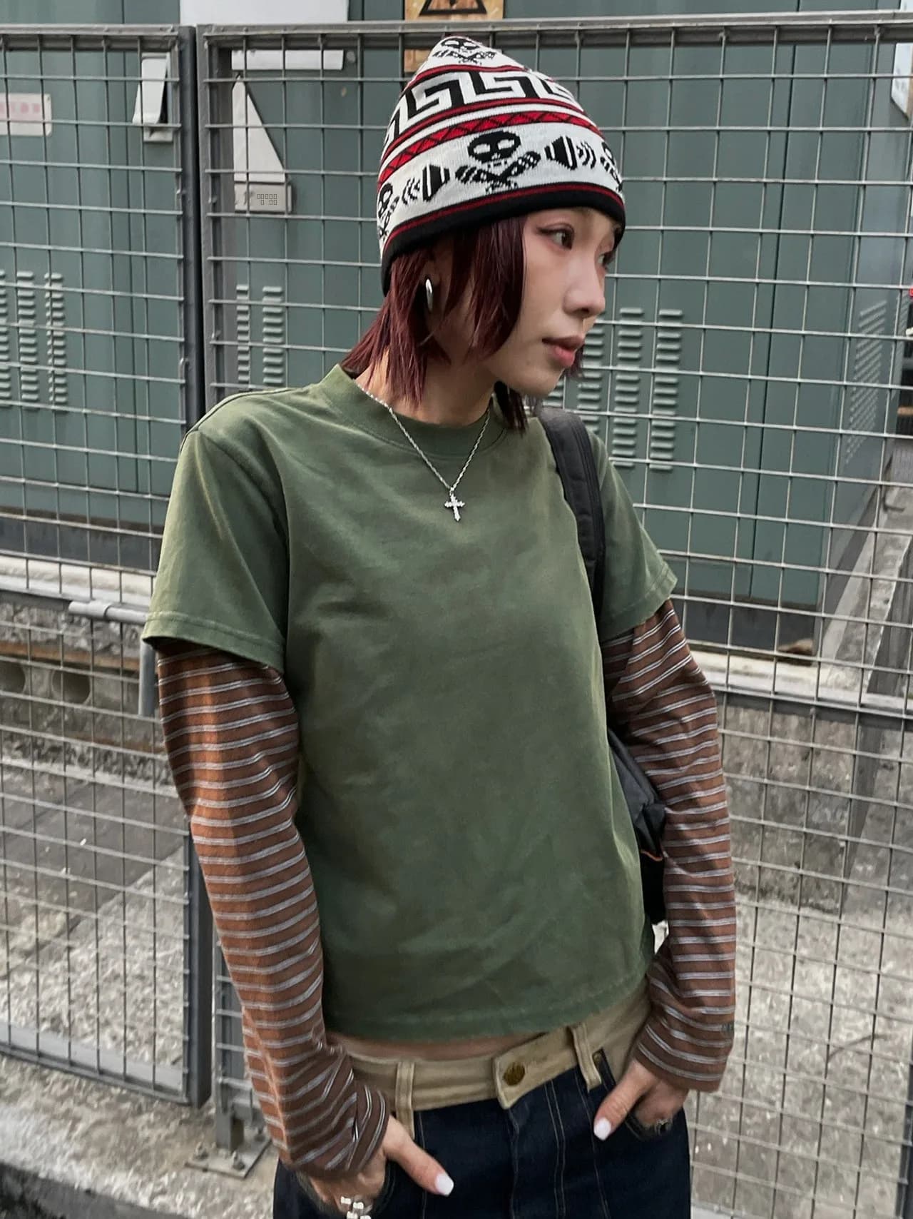 MMBBT T-shirt da donna a maniche lunghe in puro cotone a righe finte a due pezzi, stile casual, primavera autunno, nuovo stile