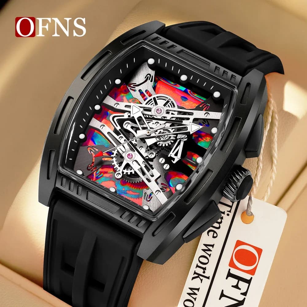 OFNS 1209 Moda Originale Tonneau Quadrante Colorato Impermeabile Data Orologio Da Polso Movimento Al Quarzo Orologi Per Gli Uomini Reloj Hombre-2