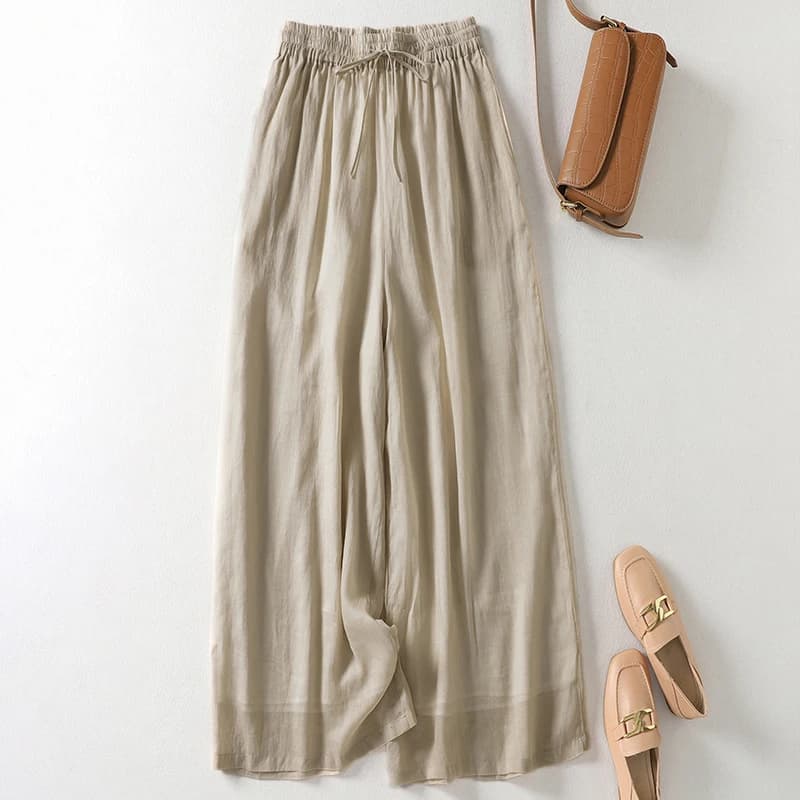 New High Waist Breathable Double Layered Linen Wide Leg Pants Loose Drape Thin Nine Points Casual Skirt Pants Youthful