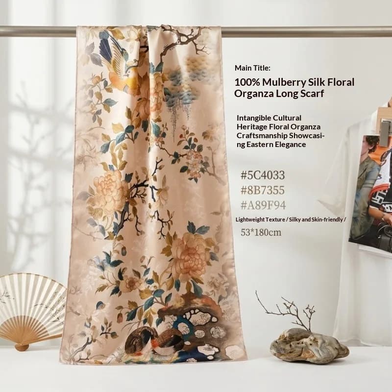 100% Mulberry Silk Hualuo Long Scarf Chinese Floral Print Silk Scarf Light Luxury Shawl Women Spring Autumn Elegant