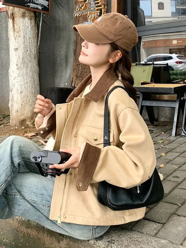 plus Size Women's Collar Jacket Loose Casual Style Autumn Outerwear Comfortable Fit Long Sleeve Zipper Closure Color Block