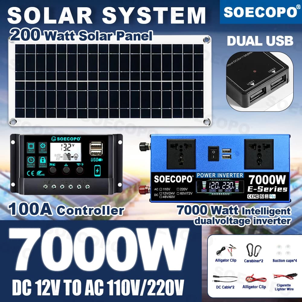 Kit solare stabile e silenzioso da 7000W con pannello portatile da 200W, regolatore da 100A, inverter 110V/220V per principianti, ideale per letto, furgone, casa, barca da pesca.