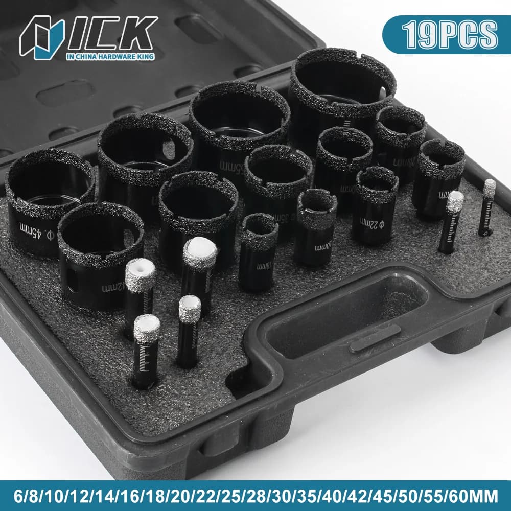 Set di punte da trapano rivestite per sega a tazza diamantata 19 pezzi Kit sega a tazza da 6-60 mm per strumenti di costruzione in ceramica per piastrelle in pietra di granito, marmo, vetro