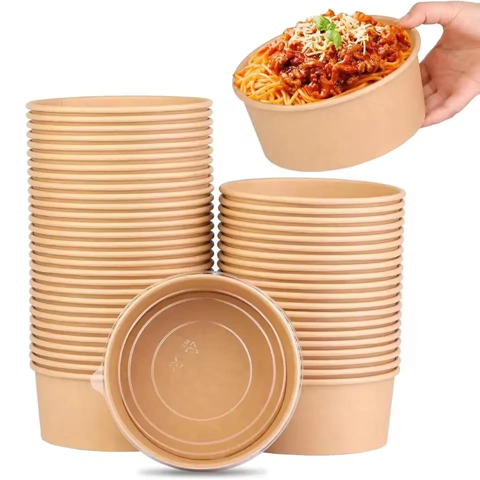 20 pz/pacco Usa E Getta di Carta Kraft Lunch Box Insalatiera Addensata con Coperchio Rotondo Da Asporto Scatole di Imballaggio Ciotola di Zuppa resistente al Calore