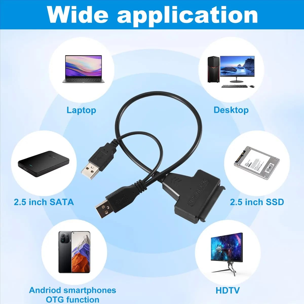 Friendly!USB2.0 to SATA Adapter Cable 33cm for 2.5 Inch External SSD HDD