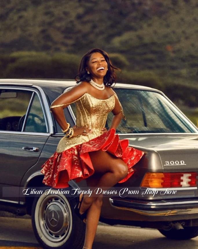 Customized Gold Red Patchwork Prom Dress Strapless Sparkling Pleated Skirt Cocktail Dress Birthday Party Dress Homecoming Dress
