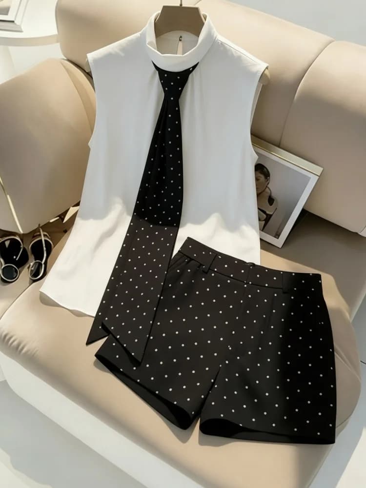 Pant Suit Stand Collar Sleeveless Blouse Matching Polka Dot Tie High Waist Shorts Coordinated Outfit For Women Office Interview Daily Elegant Wear