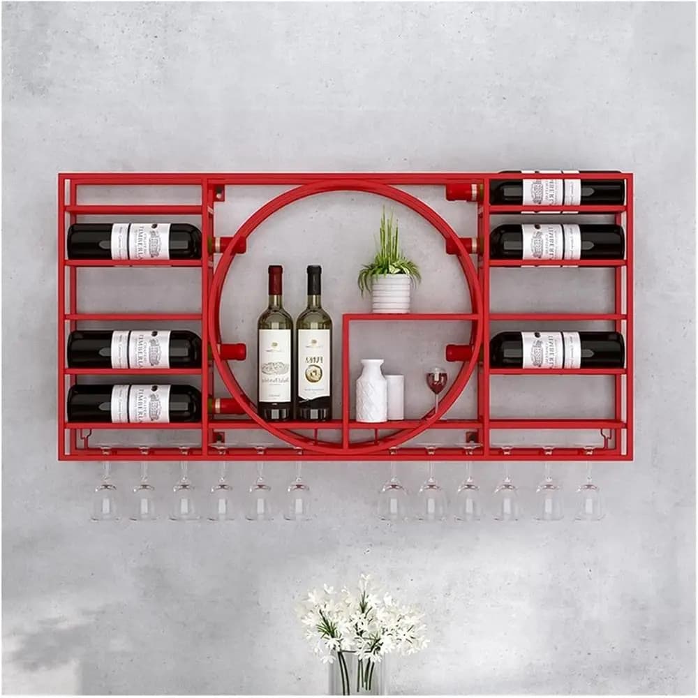 Portabottiglie da Parete in Metallo con Portabicchieri, Rosso, 90x11x42cm per Cucina e Sala da Pranzo