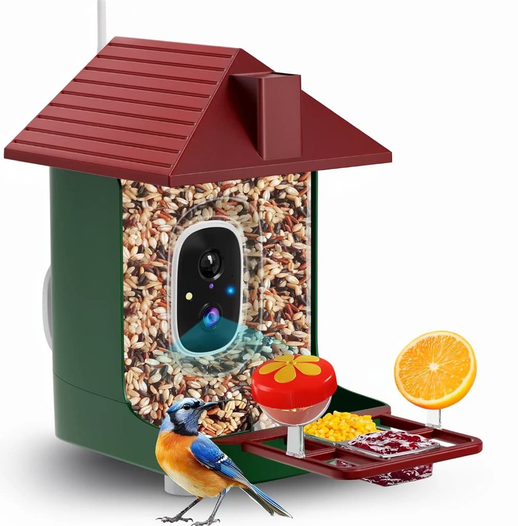 Smart Bird Feeder Camera 5200mAh Battery Solar Panel 4K UHD AI Species ID Auto Capture Wall Mount (Red/Green)