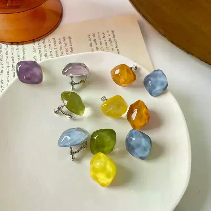 Irregular Geometric Clip On Earrings For Women Non Pierced Candy Color Resin Jewelry Fashion Ear Cuff Earring Daily Accessories