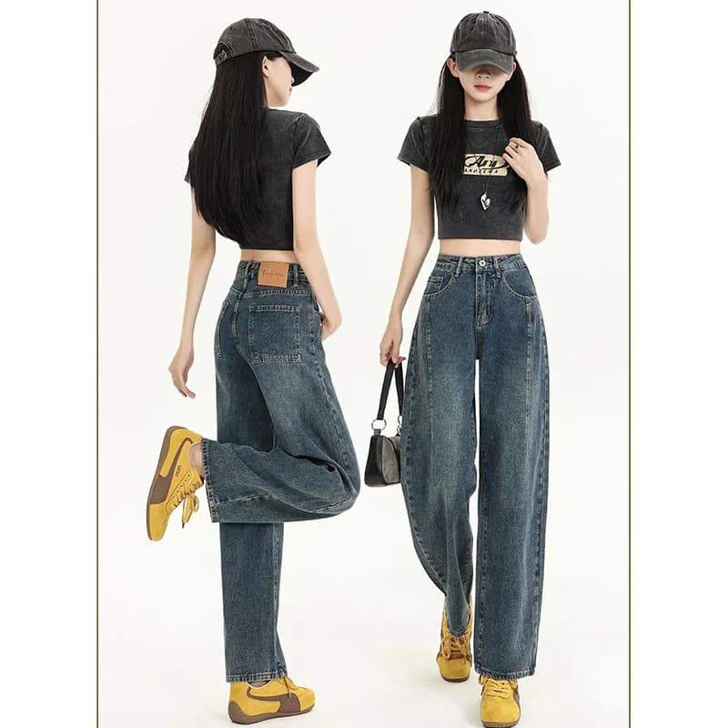 Female Slim Comfortable Fit Casual Jeans Women Straight Leg Vintage Pants Girls Korean High Waist Denim Trousers
