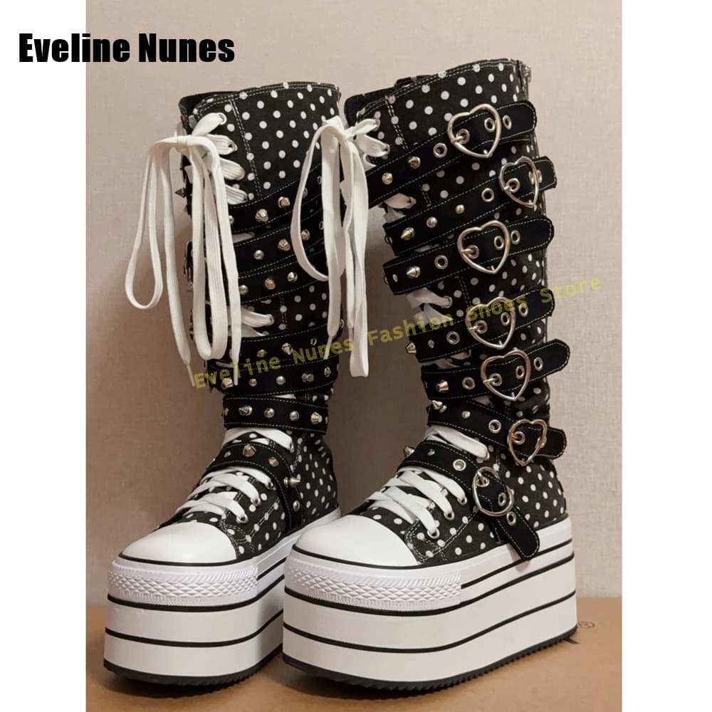 Polka Dot Rivet Platform Canvas Boots Round Toe Thick Sole Cross Tied Love Shaped Buckle Women Knee High Boots Y2K Cosplay Shoes