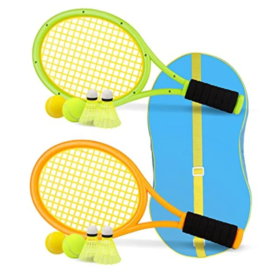Racchetta da Tennis, Racchetta in Plastica da 17 Pollici con 2 Palline Morbide, 2 Palline da Tennis e 4 Volani per Bambini, Giochi all'Aperto/Al Chiuso