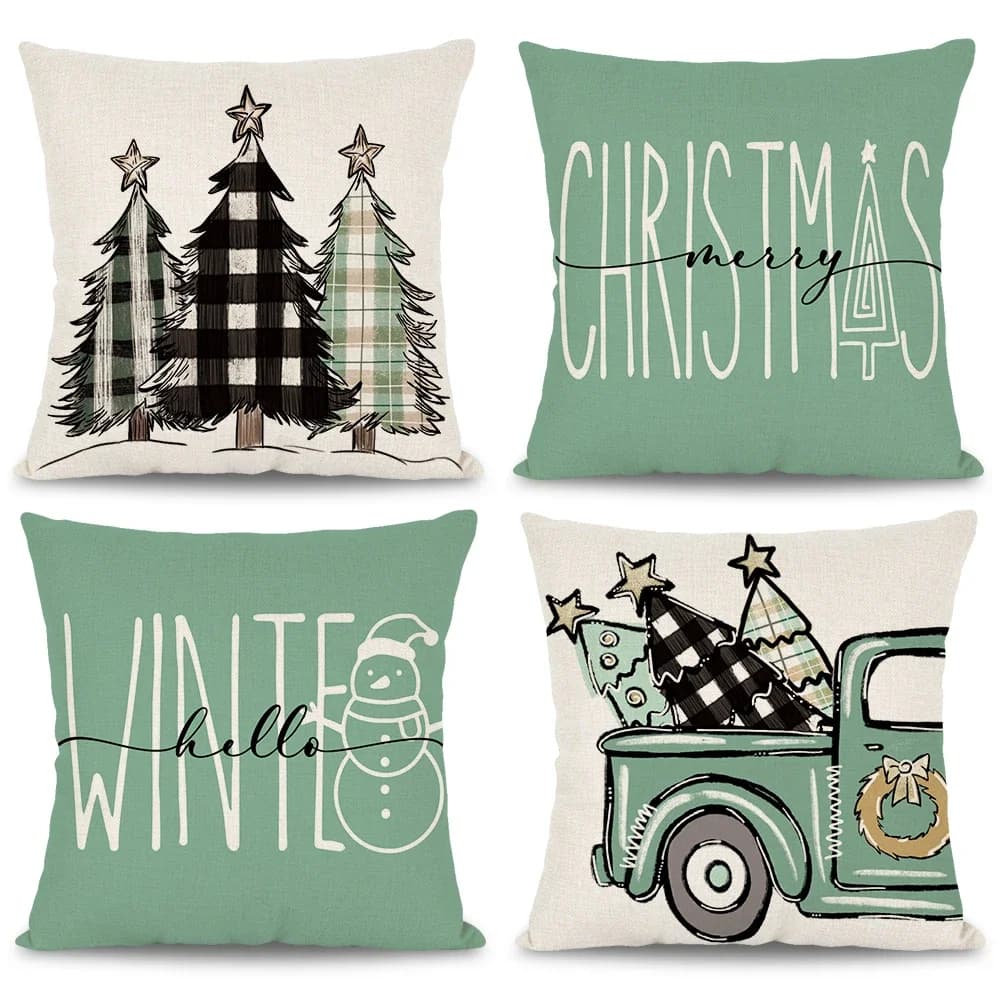 1pc inverno verde federa natalizia dipinta a mano camion scozzese albero di Natale fodera per cuscino per divano fattoria decorazioni per la casa