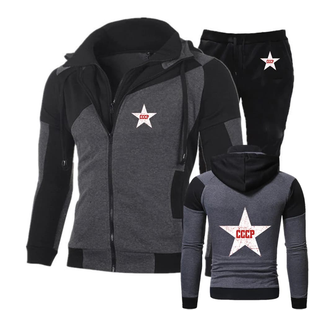 Tuta Sportiva Uomo 2026 Nuova Collezione Primavera Autunno con Cerniera Diagonale e Cappuccio, Stile Stella Rossa Sovietica Che Guevara Rivoluzione CCCP URSS + Pantaloni Lunghi