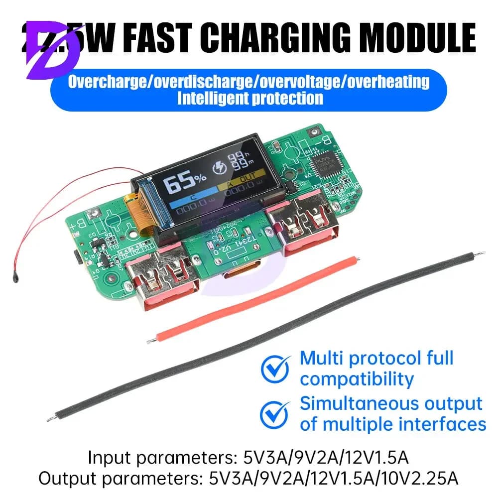 22.5W Fast Charging Module TFT Color Screen Digital Display Mobile Power 3.7V Ternary Lithium Battery Motherboard DIY Rechar