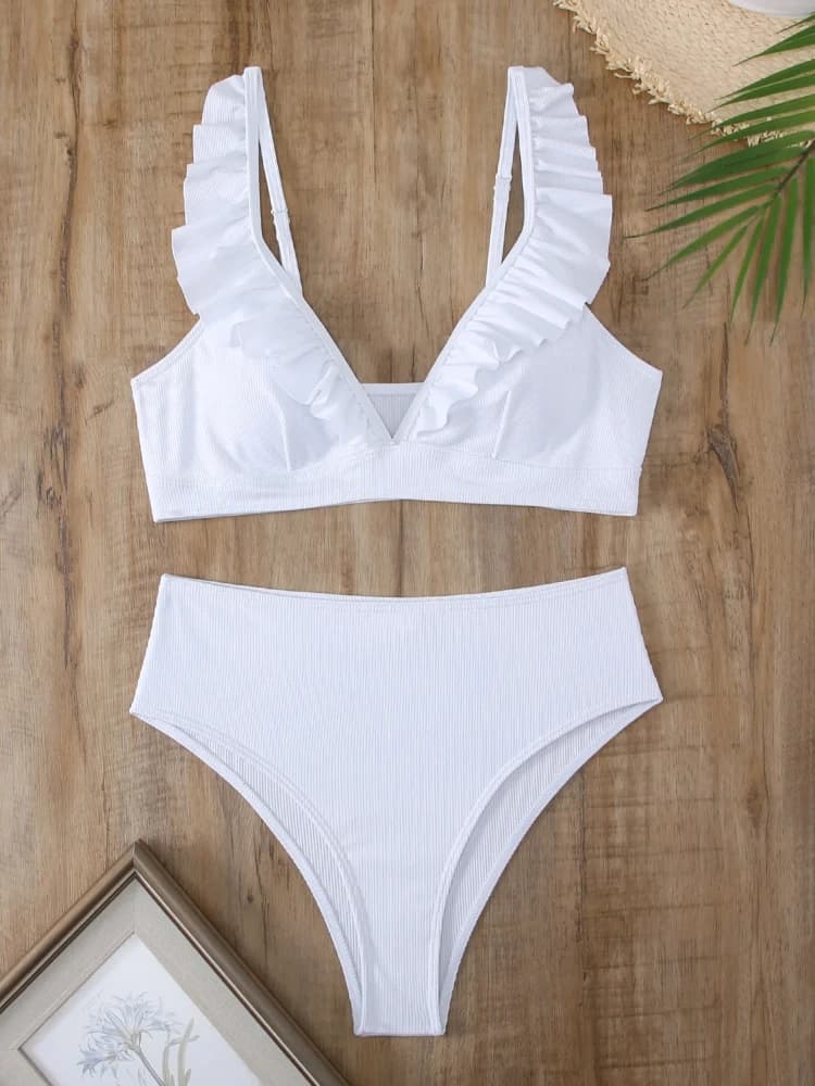 Set bikini tinta unita per donna Costume da bagno in 2 pezzi con volant Abiti da spiaggia estivi Vita alta con scollo a V Reggicalze Costumi da bagno 2025 Nuovo