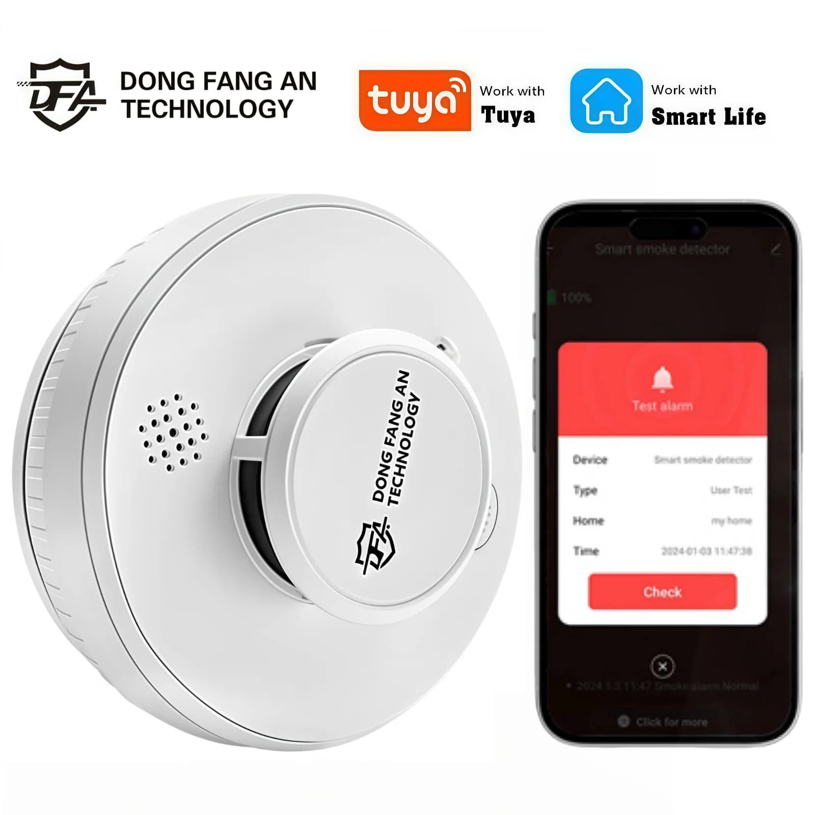 DFA Rilevatore di fumo Wifi Rilevatore di fumo 2 in1 e rilevatore di calore Rilevatore di fumo Wifi Tuya Allarmi antincendio Rilevatore di fumo