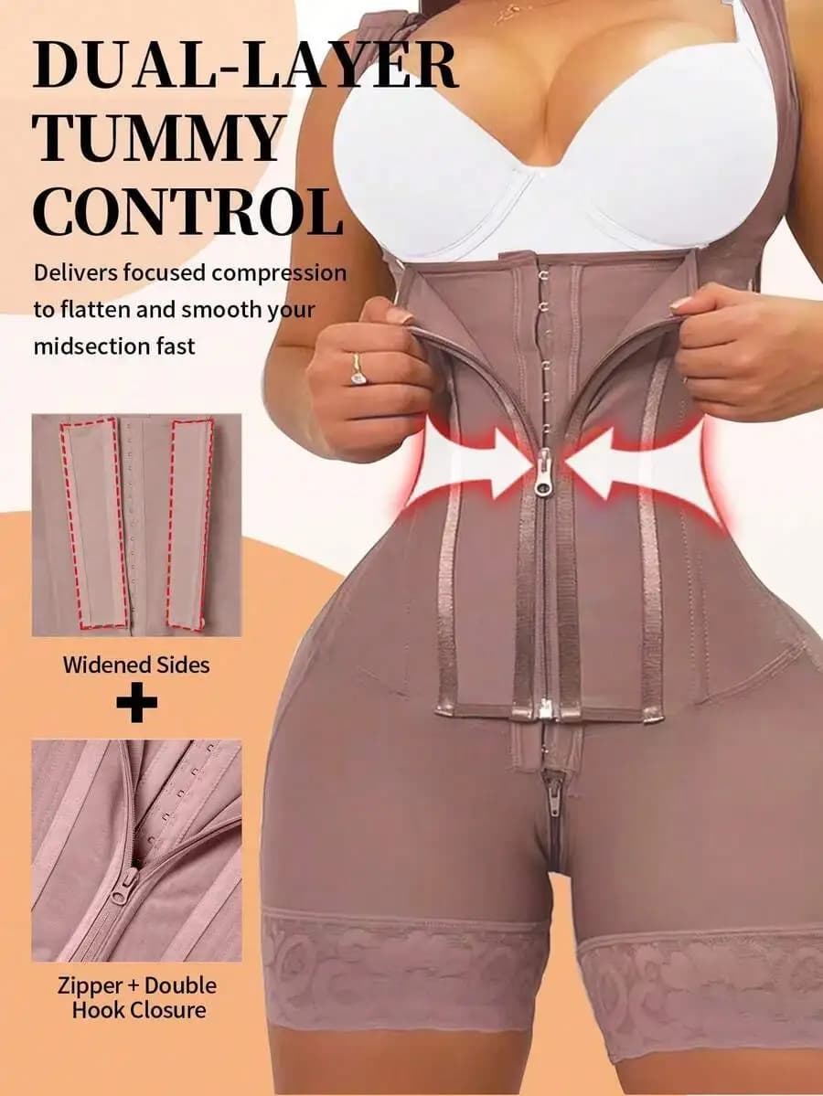 Dual-Layer Tummy Control Shapewear Bodysuit With Zipper And Hook Closure