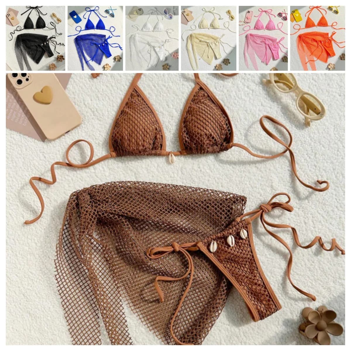 Women 3 Piece Swimsuit Sexy Solid Color Mesh Hollow Out Backless Suit Women Mini Skirt Sexy Bikinis Sets With Thong Swim Clothes