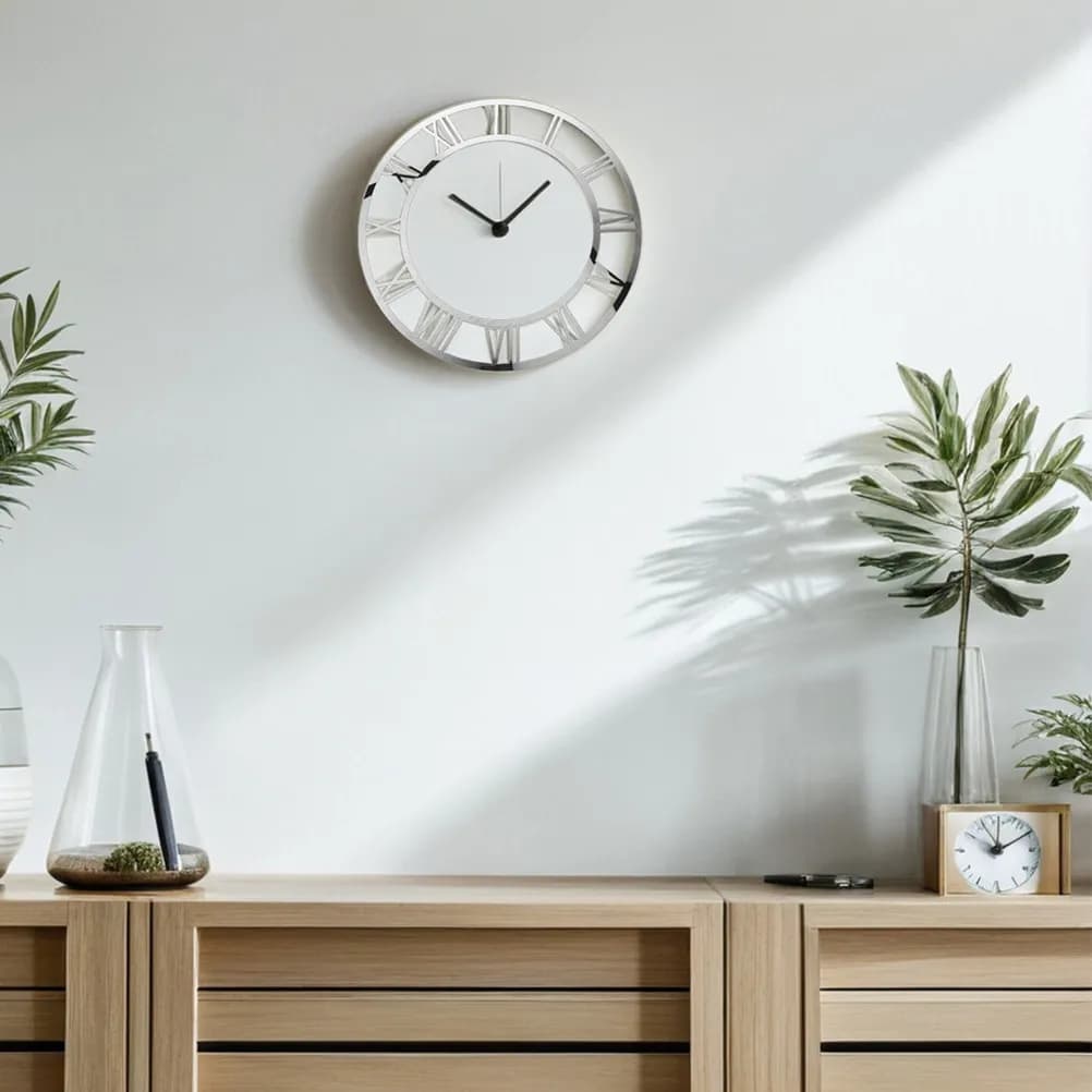 2Pcs Adhesive Round Roman Numeral Acrylic Mirror Clock Dial Sticker Reflective Surface Decorative Wall Clock Face for Hotel