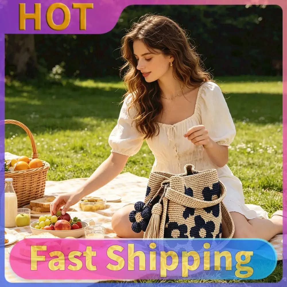 Borsa Estiva da Spiaggia Boho Ricamata con Nappe Floreali, Leggera, a Forma di Barilotto, con Coulisse, Lavorata a Mano all'Uncinetto, per Vacanze Donna (Blu)