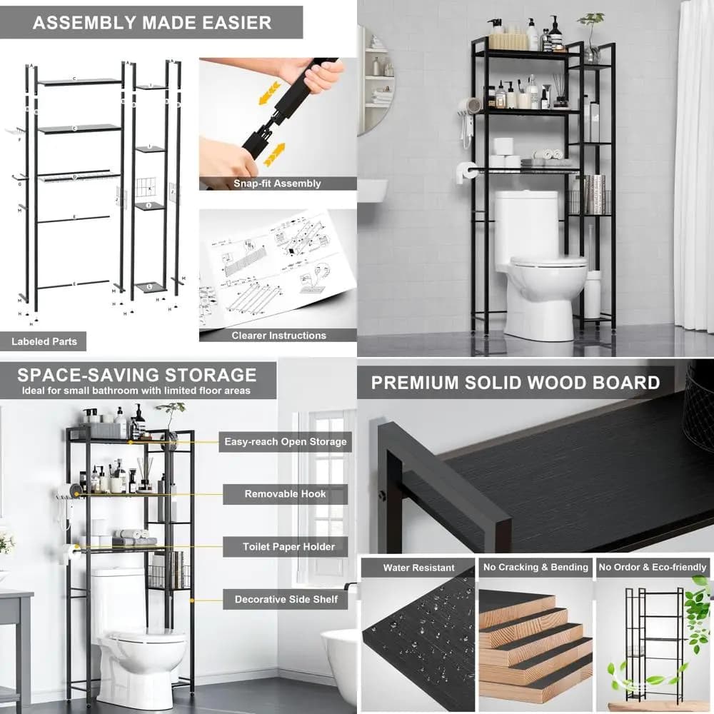 Organizer portaoggetti sopra il WC in legno massello nero a 7 livelli con porta carta e ganci per bagno, lavanderia, dormitorio