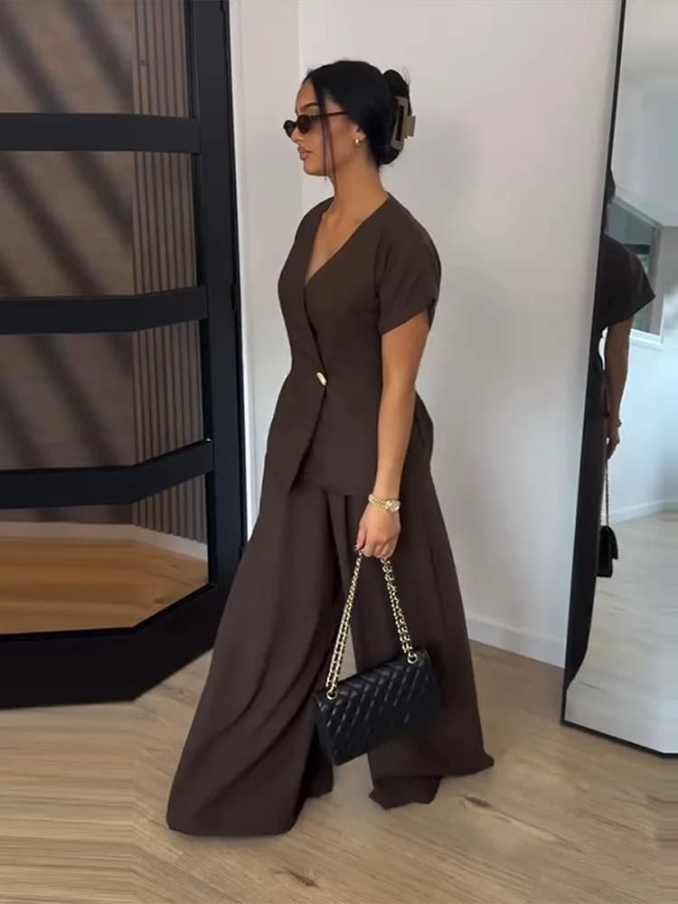 2026 Summer Autumn Vintage Brown Top Pants Women Set V-neck Short Sleeve Button Blouse Wide Leg Pleated Trousers Lady Outfit New