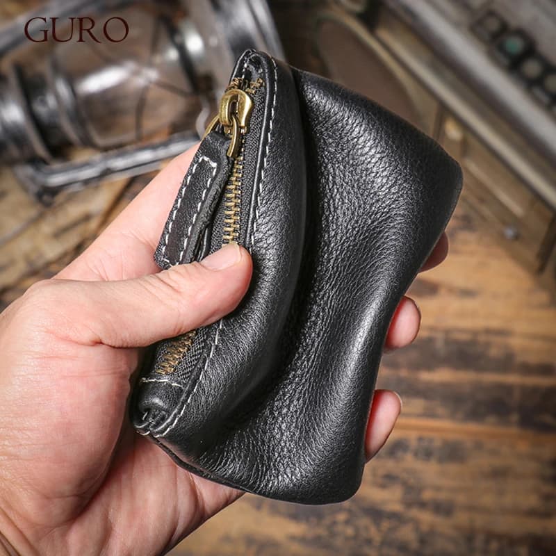 GURO Men's Luxury Genuine Leather Mini Wallet With Zipper Women's Short Wallet in Bovina Leather Credit Card Holder with Daily Key Square Bags