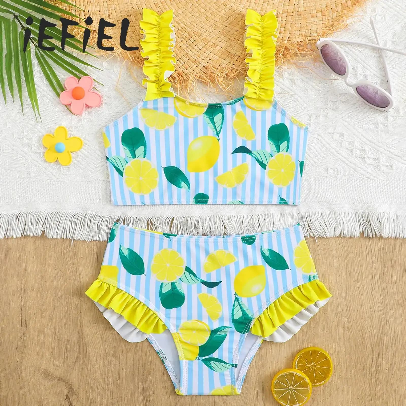 Costume da bagno per bambina, due pezzi, a righe limoni, bikini, top corto con fondo, abbigliamento da spiaggia, costume da bagno con volant, 4-7 anni
